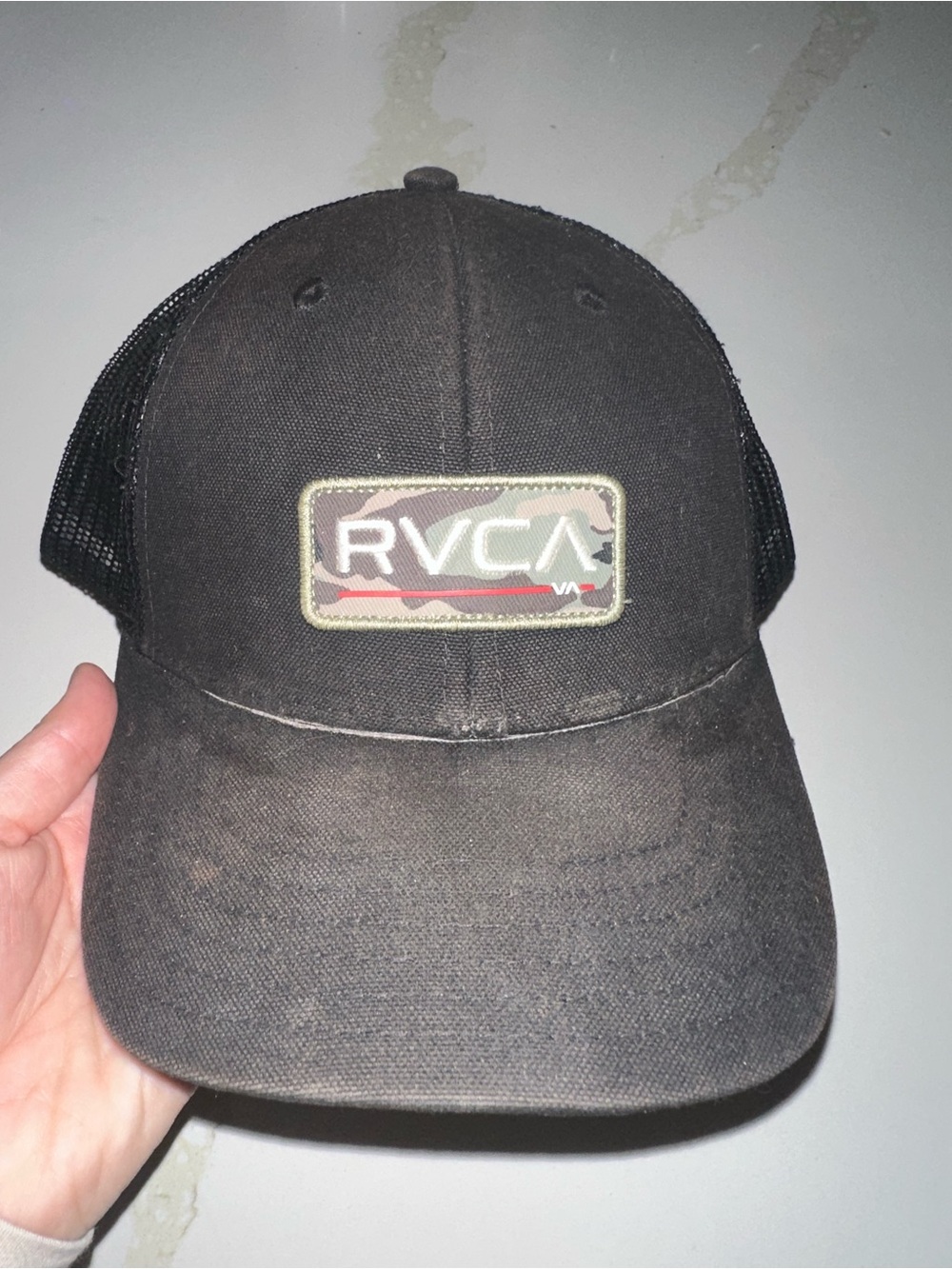 RVCA Black Trucker Hat with Camo Logo Patch